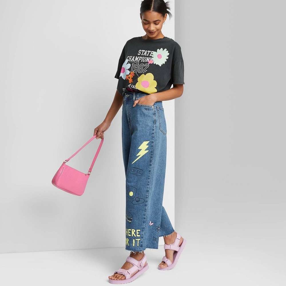 Women's Super-High Rise Wide Leg Cropped Jeans - Wild Fable Medium Doodle Print